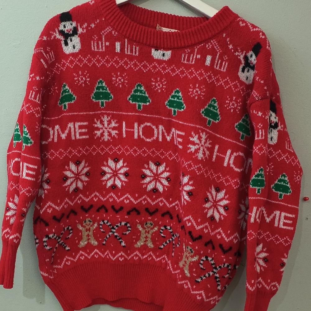 Cozy Red Holiday Sweater with Snowmen and Trees